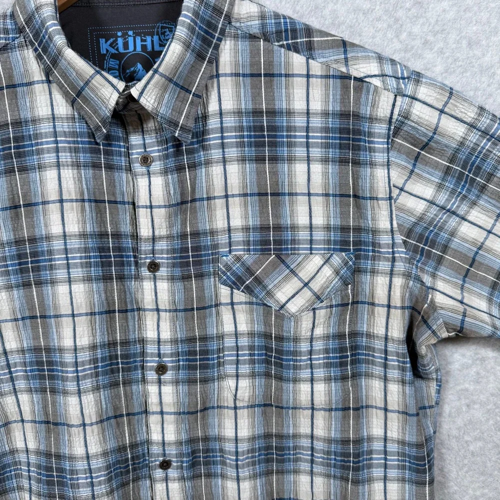 Kuhl Mens Large Blue Grey Plaid Short Sleeve Button Down Mountain Shirt Cotton - Picture 4 of 16